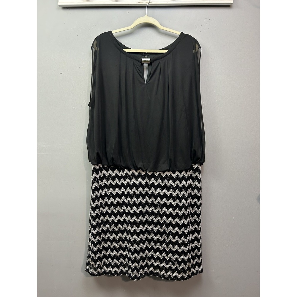 Perceptions Dress Womens 22W Black Silver Chevron Lace Blouson Keyhole Cocktail